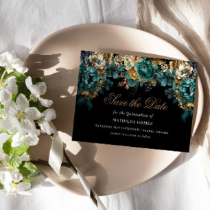 Guld Grönt Blommigt Quinceañera Spara datum Inbjudningar