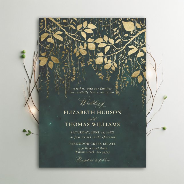 Guld Grönt Bröllop i , den berömda skogsskövlingen Inbjudningar (Enchanted Forest Emerald Green Draped Greenery Modern Calligraphy Wedding Invitation)