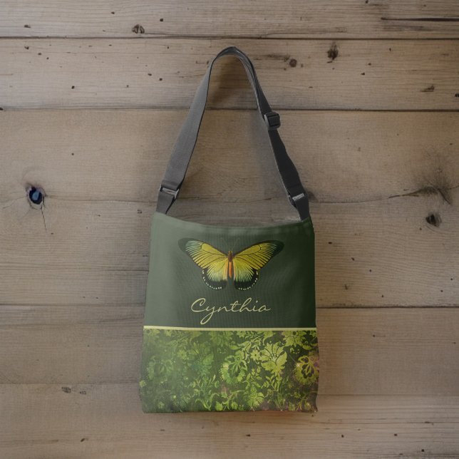Guld Grönt Butterfly med Boho Foliage Monogram Axelväska (Skapare uppladdad)