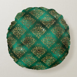 Guld Grönt Damask Elegant Chic Glitter Rund Kudde