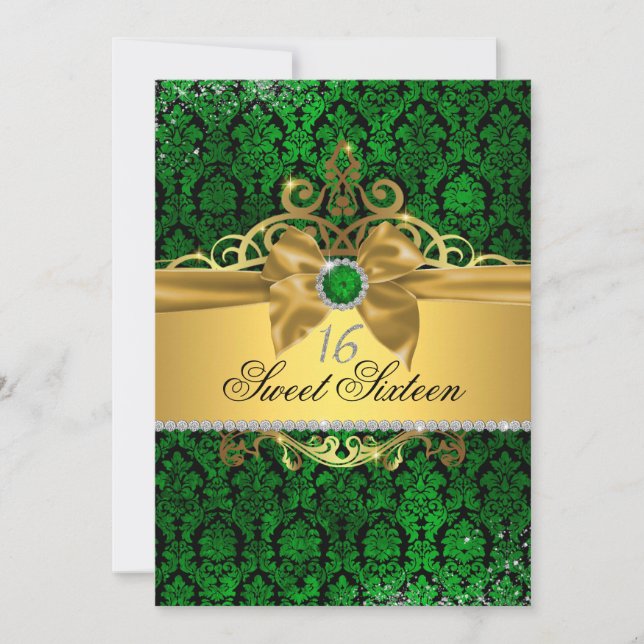 Guld Grönt Damask Sweet sixteen Inbjudan (Framsida)