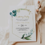Guld & Grönt Eucalyptus 50:e Födelsedagsfesten Inbjudningar<br><div class="desc">Guld och grönt är 50:e födelsedagsfest inbjudan perfekt för en födelsedagsfirande. Utformningen har handmålad grönt,  guld och blått löv och blommor som är väl placerade i bouquets och den geometriska eleganten ramar.</div>