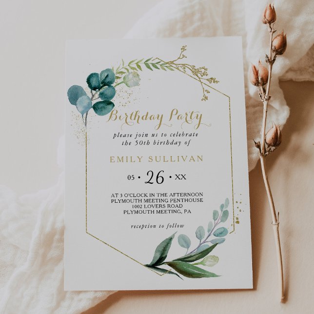 Guld & Grönt Eucalyptus 50:e Födelsedagsfesten Inbjudningar (Skapare uppladdad)