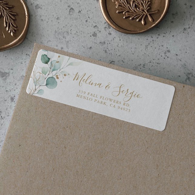 Guld Grönt Eucalyptus Bröllop Returadress Returadress Etikett (Skapare uppladdad)