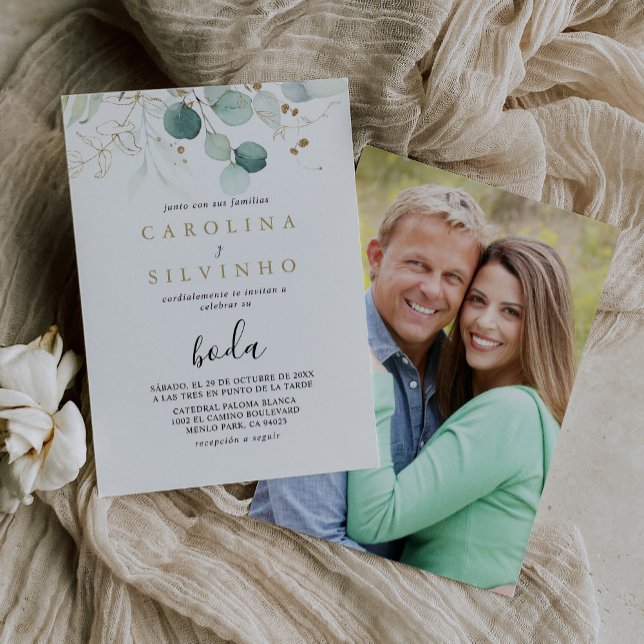 Guld Grönt Eucalyptus Calligraphy Boda Bröllop Inbjudningar (Skapare uppladdad)