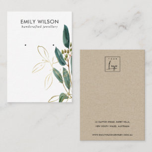 GULD GRÖNT EUCALYPTUS FAUNA EARRING STUD VISNING VISITKORT