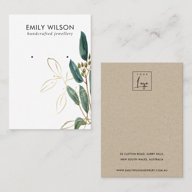 GULD GRÖNT EUCALYPTUS FAUNA EARRING STUD VISNING VISITKORT (Fram/baksida)