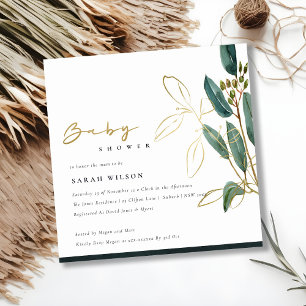 GULD GRÖNT EUCALYPTUS FOLIAGE BABY SHOWER INBJUDAN