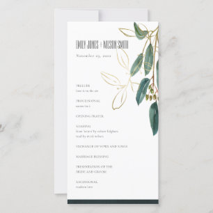 GULD GRÖNT EUCALYPTUS FOLIAGE BRÖLLOPSPROGRAM CARD TACK KORT