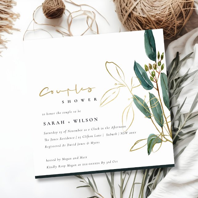 GULD GRÖNT EUCALYPTUS FOLIAGE COUPLE SHOWER INBJUD TACK KORT (Skapare uppladdad)