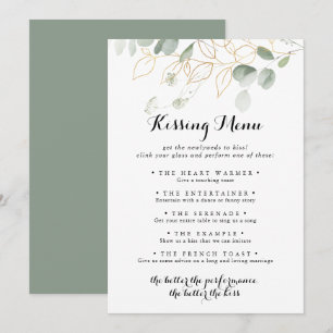 Guld Grönt Foliage Bröllop Kissing Menu Game Card