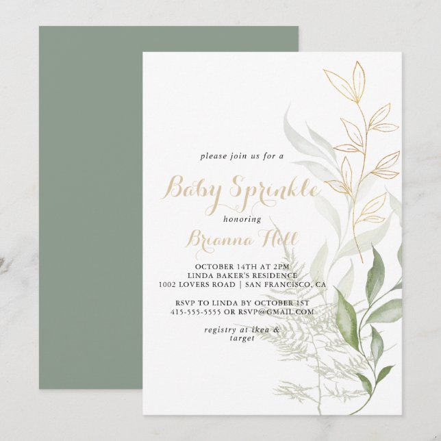 Guld Grönt Foliage Calligraphy Baby Sprinkle Inbjudningar (Fram/baksida)