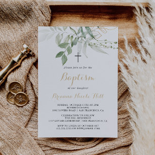 Guld Grönt Foliage Calligraphy Baptism Inbjudningar