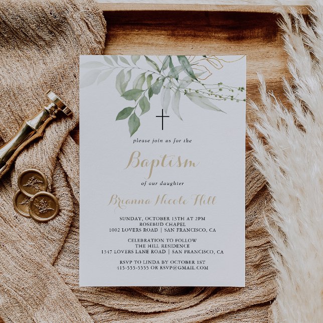 Guld Grönt Foliage Calligraphy Baptism Inbjudningar (Skapare uppladdad)
