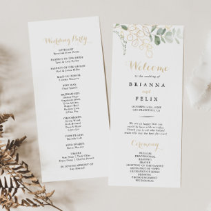 Guld Grönt Foliage Calligraphy Bröllopsprogram Program