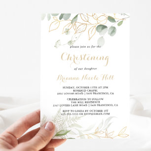Guld Grönt Foliage Calligraphy Christening Inbjudningar