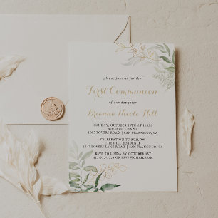 Guld Grönt Foliage Calligraphy First Communion Inbjudningar