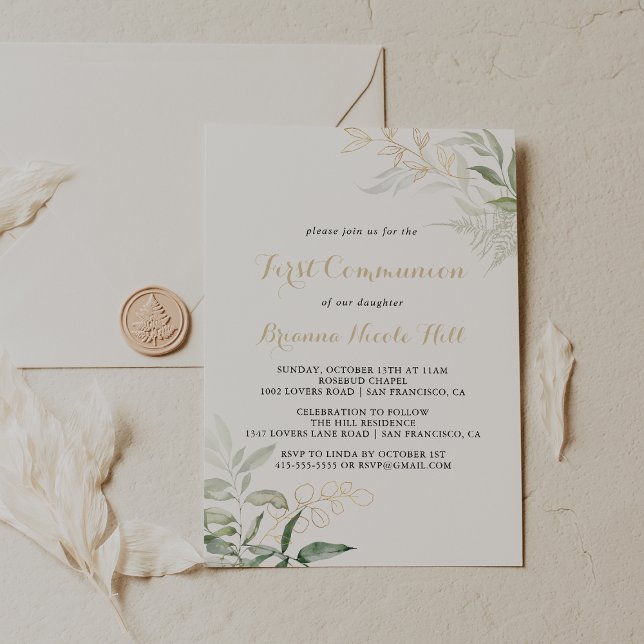 Guld Grönt Foliage Calligraphy First Communion Inbjudningar (Skapare uppladdad)