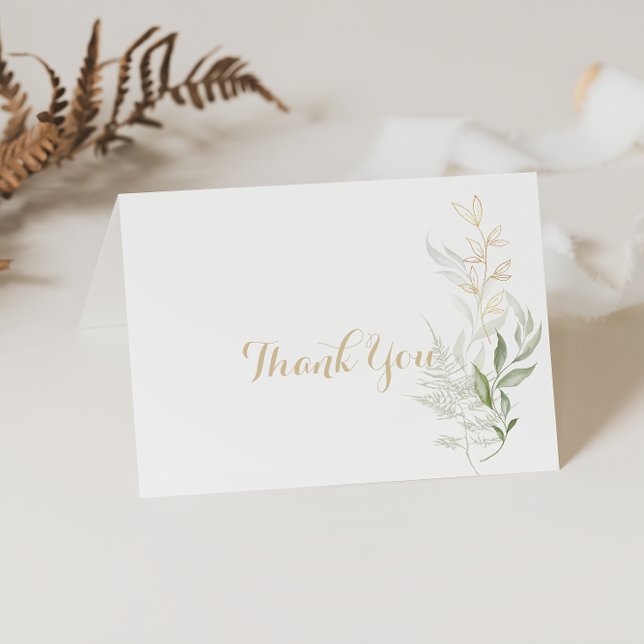 Guld Grönt Foliage Calligraphy Folde Bröllop Tack Kort (Skapare uppladdad)
