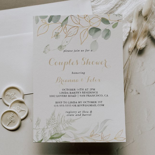 Guld Grönt Foliage Calligraphy Par Shower Inbjudningar (Skapare uppladdad)