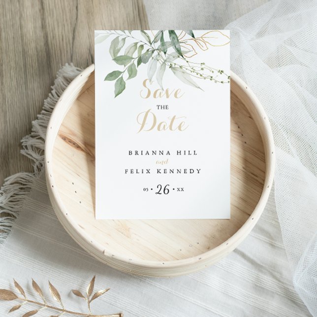 Guld Grönt Foliage Calligraphy Save the Date Vykort (Skapare uppladdad)