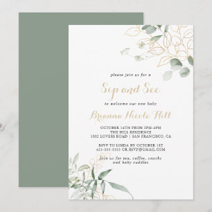 Guld Grönt Foliage Calligraphy Sip and See Inbjudningar