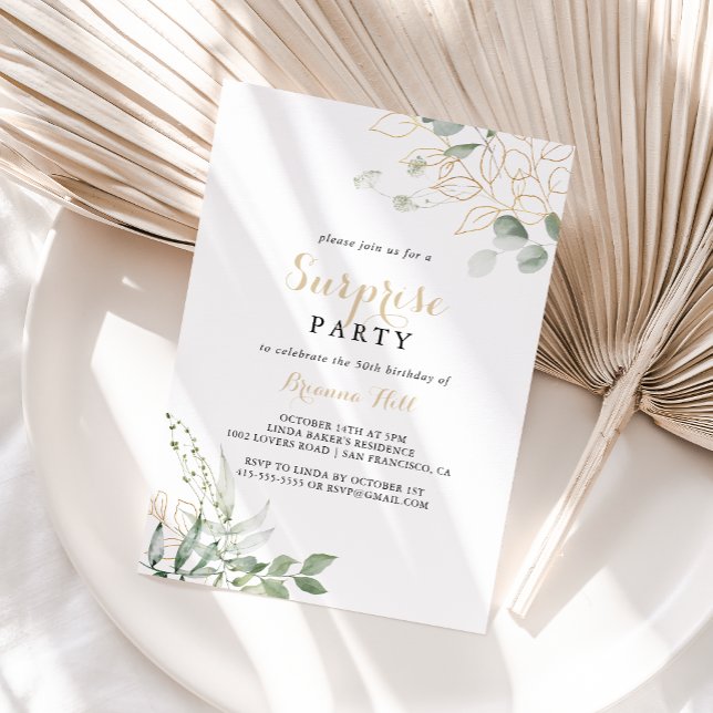 Guld Grönt Foliage Calligraphy Surprise Party Inbjudningar (Skapare uppladdad)