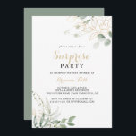 Guld Grönt Foliage Calligraphy Surprise Party Inbjudningar<br><div class="desc">Den här kalligraffestinbjudan till guld-grönten är perfekt för en högtidlig födelsedag,  pension eller något överraskande party. Den här konstnärliga utformningen har hand om vattenfärgen guld och gröntens bladverk och inspirerar till naturskönhet.</div>