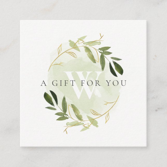 GULD GRÖNT FOLIAGE INITIAL WREATH GIFT CERTIFICATE FYRKANTIGT VISITKORT (Framsida)
