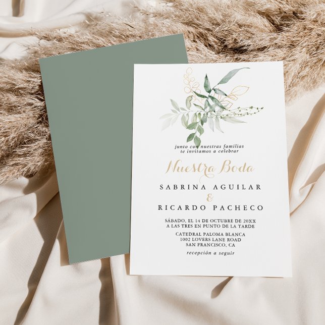 Guld Grönt Foliage Nuestra Boda Bröllop Inbjudningar (Skapare uppladdad)