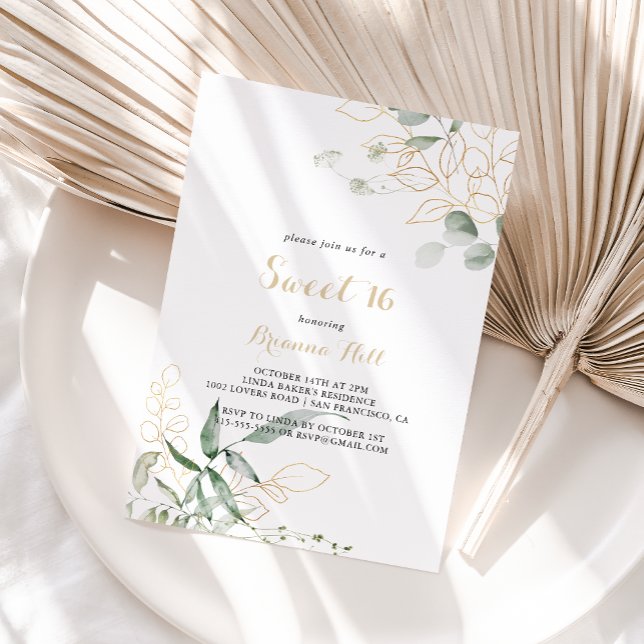 Guld Grönt Foliage Sweet 16 Födelsedagsfester Inbjudningar (Skapare uppladdad)