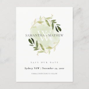 GULD GRÖNT FOLIAGE WATERCOLOR WREATH SPARA DATUM MEDDELANDE VYKORT