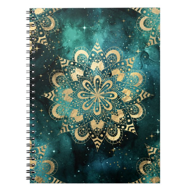 Guld & Grönt Galaxy Dharma Mandala Mönster Anteckningsbok (Framsidan)