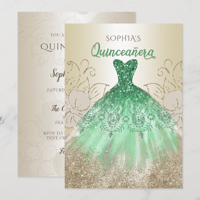 Guld Grönt Gnistra Dress Quinceañera Quince Inbjudningar (Fram/baksida)