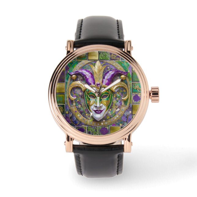 Guld Grönt Lila Mardi Gras Jester Mask Armbandsur (Framsida)