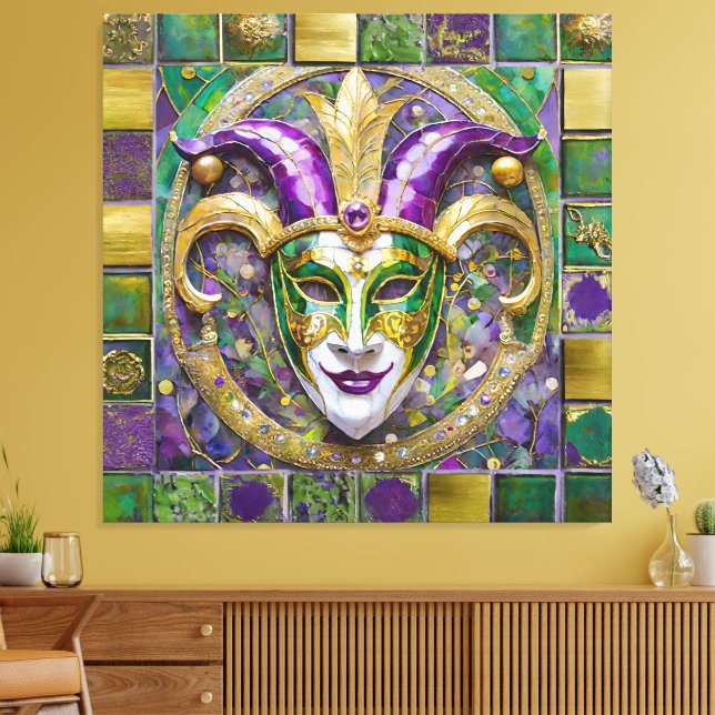 Guld Grönt Lila Mardi Gras Jester Mask Canvastryck (Insitu (Vardagsrum))
