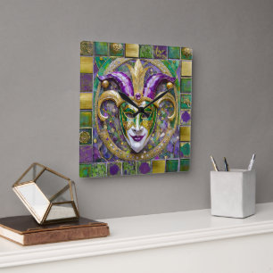 Guld Grönt Lila Mardi Gras Jester Mask Fyrkantig Klocka