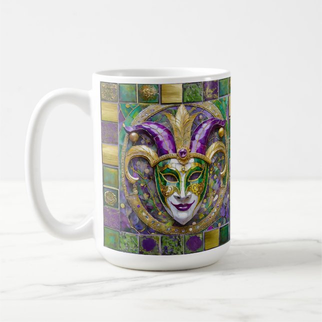 Guld Grönt Lila Mardi Gras Jester Mask Kaffemugg (Vänster)