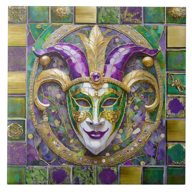Guld Grönt Lila Mardi Gras Jester Mask Kakelplatta (Framsidan)