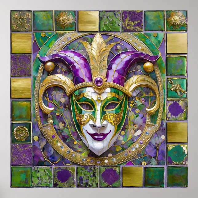 Guld Grönt Lila Mardi Gras Jester Mask Poster (Framsidan)