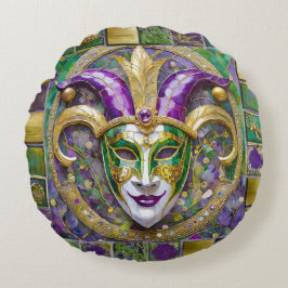 Guld Grönt Lila Mardi Gras Jester Mask Rund Kudde