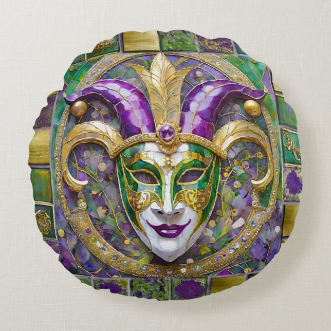 Guld Grönt Lila Mardi Gras Jester Mask Rund Kudde (Framsidan)