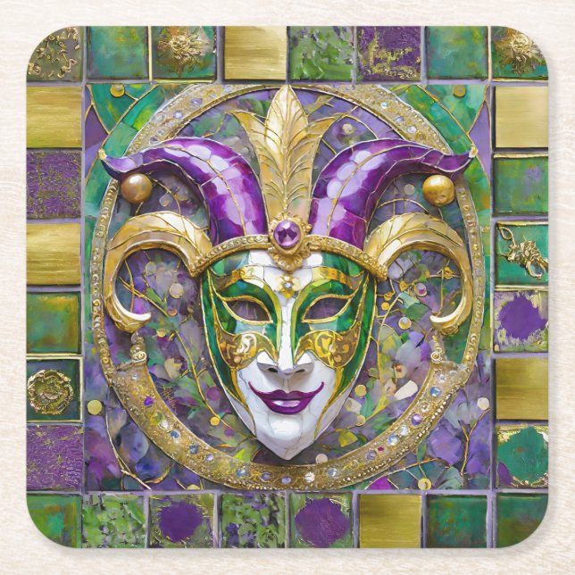 Guld Grönt Lila Mardi Gras Jester Mask Underlägg Papper Kvadrat (Framsidan)