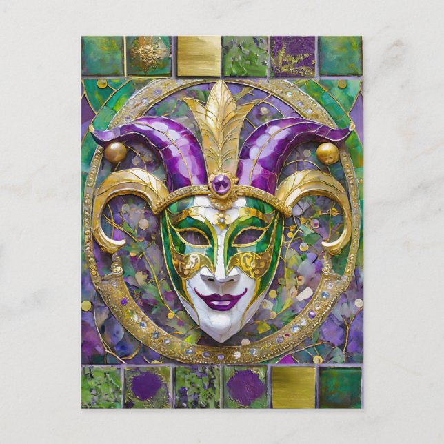 Guld Grönt Lila Mardi Gras Jester Mask Vykort (Framsida)