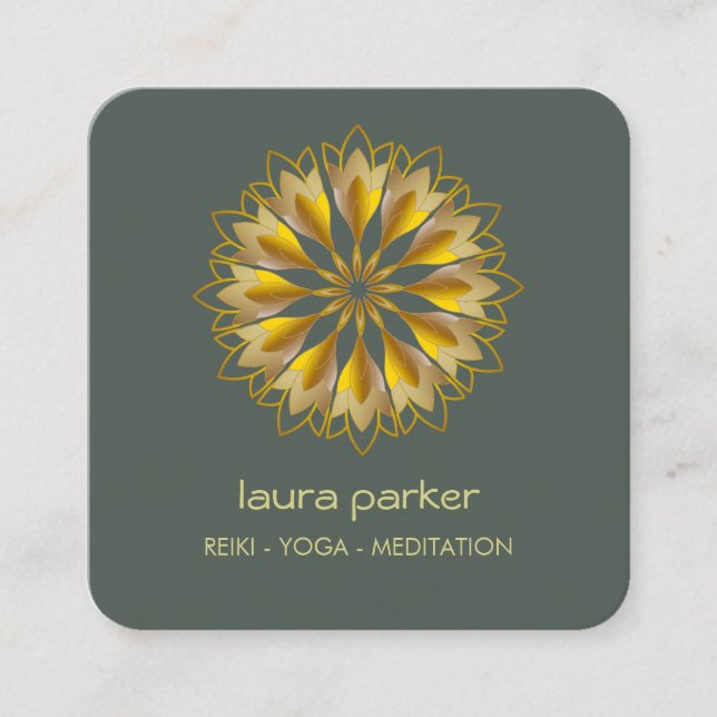 Guld Grönt Lotus Flower Yoga Holistic Meditation Fyrkantigt Visitkort (Framsida)