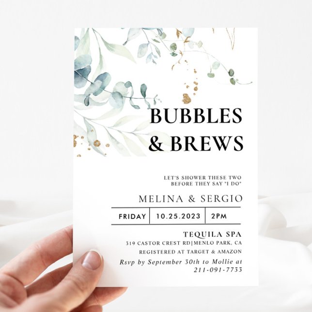 Guld Grönt Löv Bubbles & Brews Möhippa Inbjudningar (Skapare uppladdad)