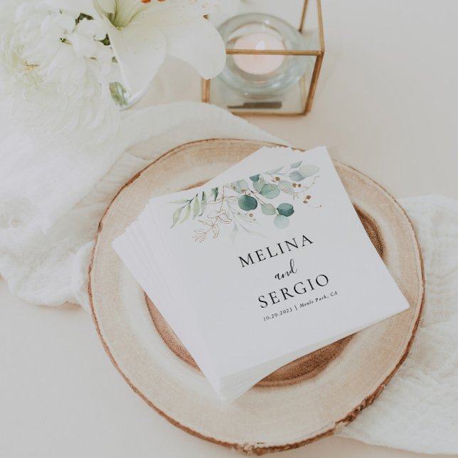 Guld Grönt Löv Calligraphy Bröllop Napkins Pappersservett (Skapare uppladdad)