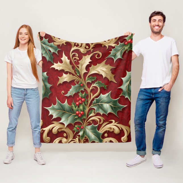 Guld Grönt Löv Red Helgdag Fleece Blanket (På plats)