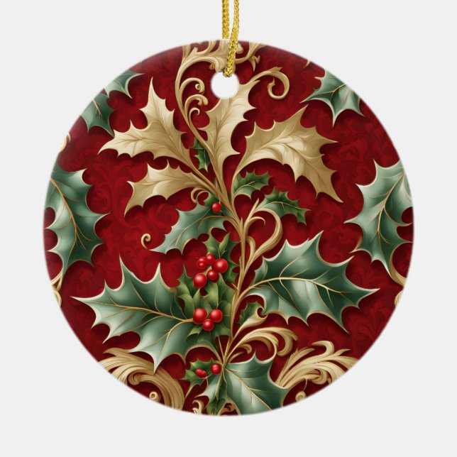 Guld Grönt Lövs Red jul Helgdag Ornament (Framsidan)