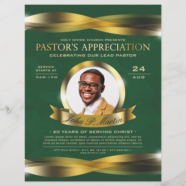 Guld & Grönt Pastor's Appreciation Church Service Reklamblad (Framsidan)